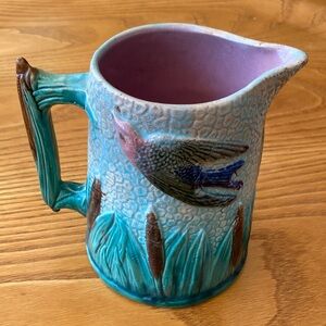 Joseph holdcroft majolica Bird in flight cattails Pitcher